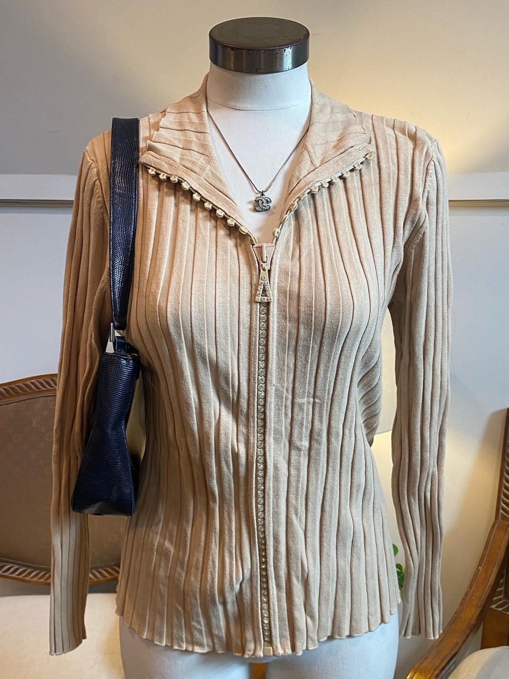 Belldini Beige Tan Ribbed Zip-Front Jacket with Rhinestone Zipper Details Size L
